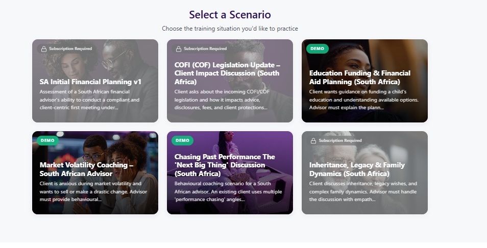 Scenario selection grid showing available training scenarios