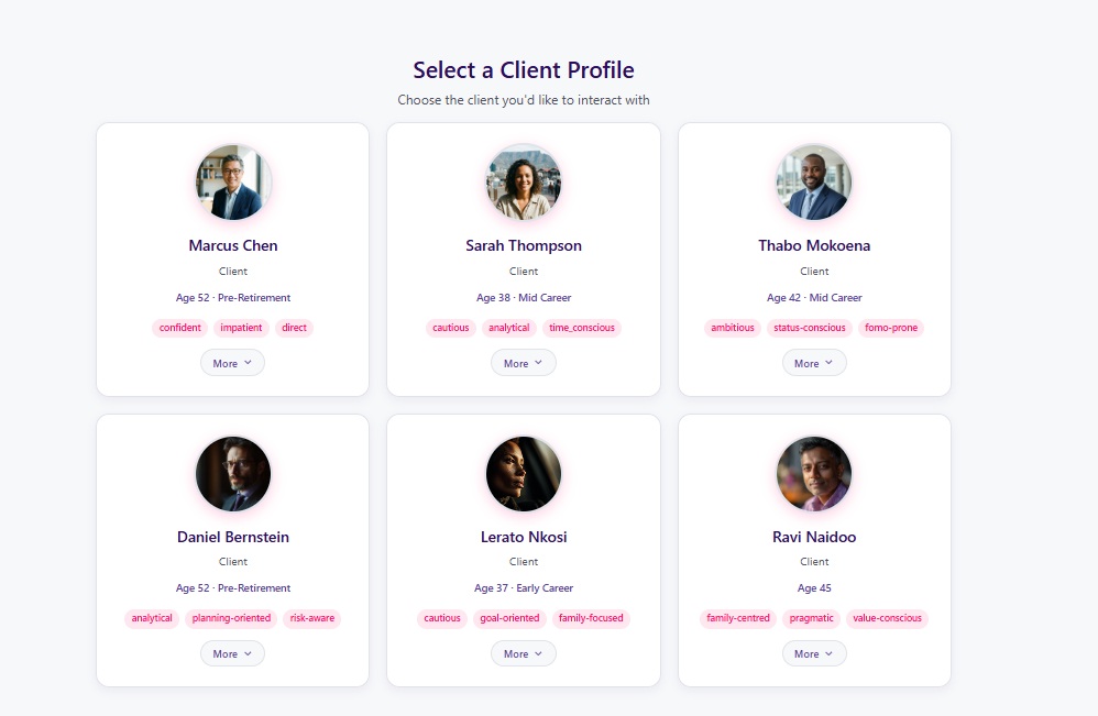 Client profile cards showing personality and background details