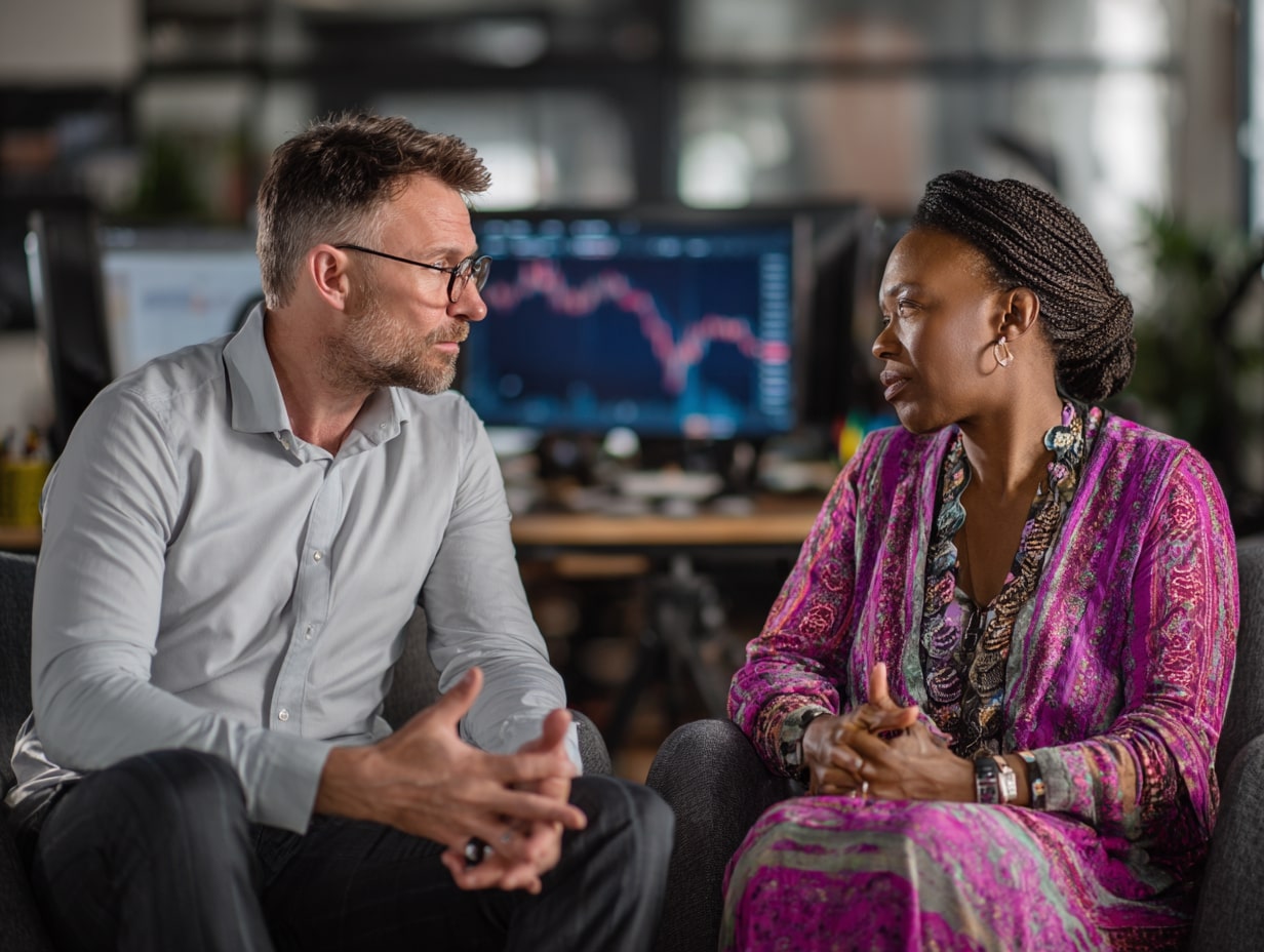 Financial professional having reassuring conversation with concerned client about market changes